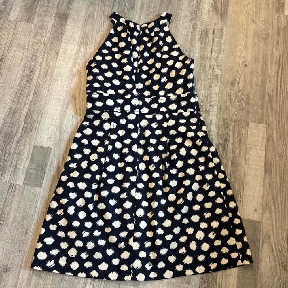 Ann Taylor Loft Sleeveless Polka Dot Dress Womens 6 Navy White High Neck A-Line
